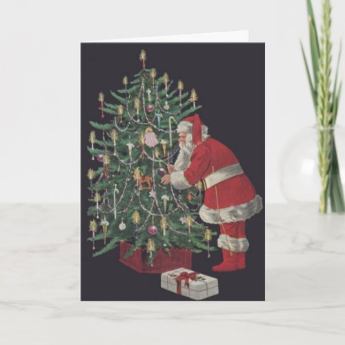 Santa Claus Decorating Tree Retro Christmas Card