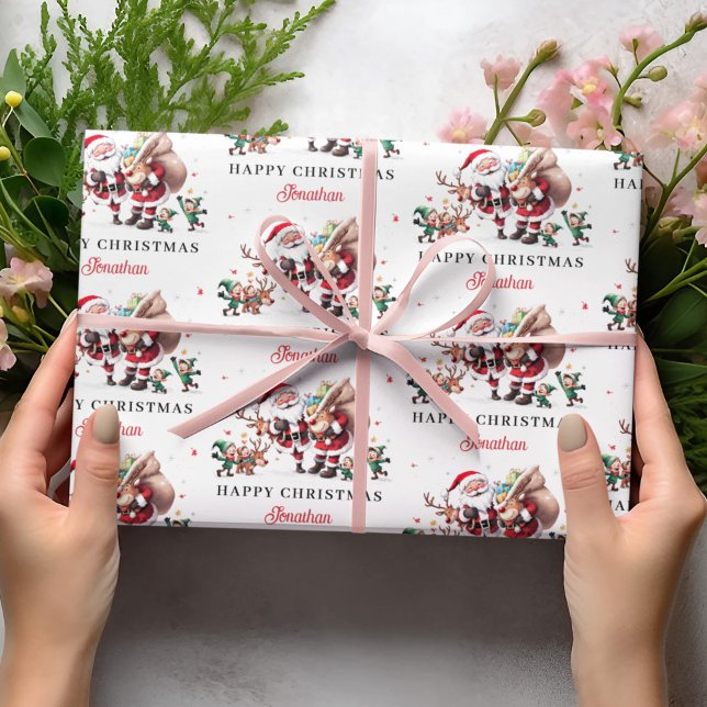 Santa Claus Deer Happy Christmas Personalized Name Wrapping Paper (Creator Uploaded)