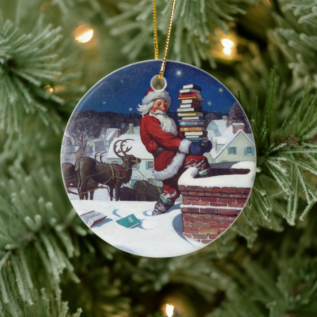 Santa Claus Delivering Christmas Books Ceramic Ornament (Tree)