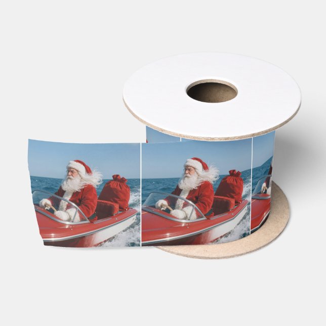 Santa Claus Delivering Gifts By Speedboat Satin Ribbon (Spool)