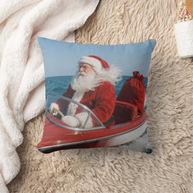 Santa Claus Delivering Gifts By Speedboat Throw Pillow (Blanket)