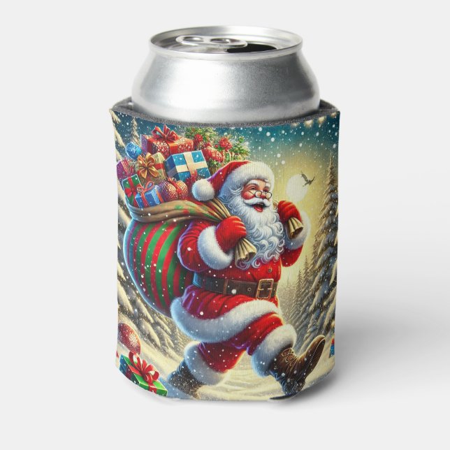 Santa Claus Delivering Gifts in a Snowy Christmas  Can Cooler (Can Back)