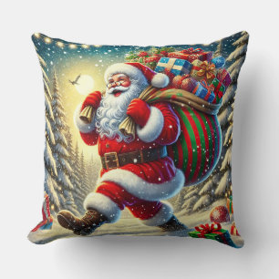 Santa Claus Delivering Gifts in a Snowy Christmas  Throw Pillow