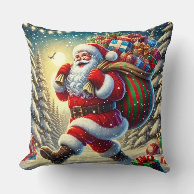 Santa Claus Delivering Gifts in a Snowy Christmas  Throw Pillow (Front)