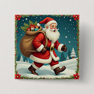 Santa Claus Delivering Gifts Through Snowy Forest Button