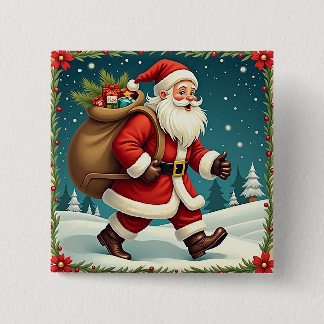 Santa Claus Delivering Gifts Through Snowy Forest Button (Front)