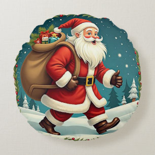 Santa Claus Delivering Gifts Through Snowy Forest Round Pillow