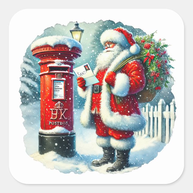 Santa Claus Delivering Letters in a Snowy Setting Square Sticker (Front)