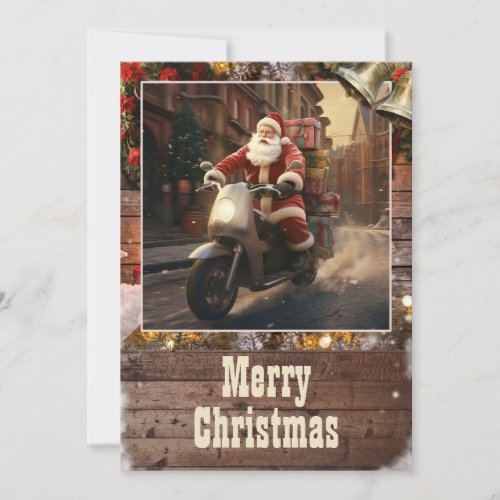 Santa claus Delivery riding a Scooter Holiday Card