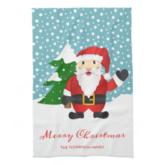 Santa Claus Drawing &amp; Custom Name Merry Christmas Kitchen Towel