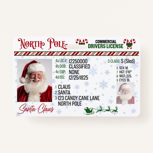 Santa Claus Driver License Christmas Badge (Front)
