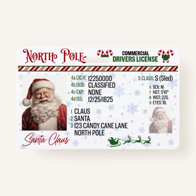 Santa Claus Driver License Christmas Badge (Front)