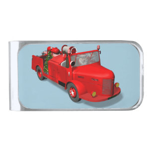 Santa Claus Driving A Fire Truck Silver Finish Money Clip