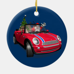 Santa Claus Driving A Mini Ceramic Ornament
