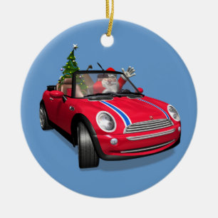 Santa Claus Driving A Mini Ceramic Ornament