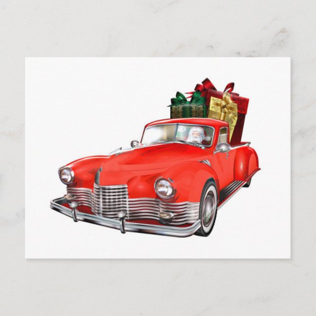 Santa Claus driving a retro car with giftsb Postcard (Front)
