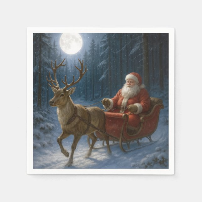 Santa Claus Driving a Sleigh In Moonlight Napkins (Front)