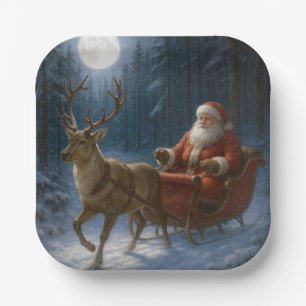 Santa Claus Driving a Sleigh In Moonlight Paper Plates