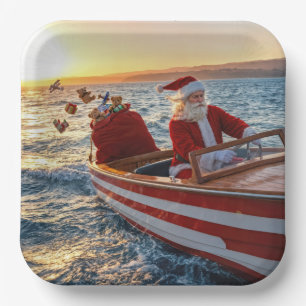 Santa Claus Driving a Speedboat Paper Plates