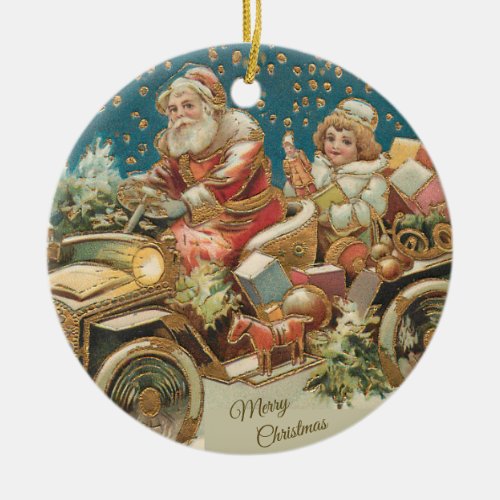 Santa Claus Driving Vintage Car in Christmas Night Ceramic Ornament