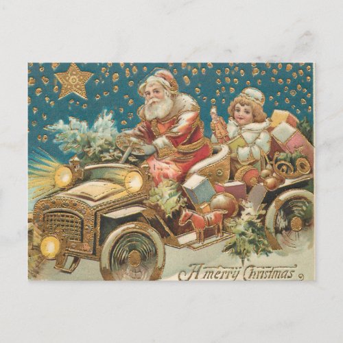 Santa Claus Driving Vintage Car in Christmas Night Postcard