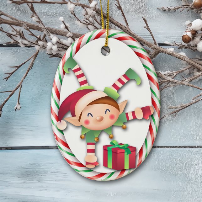 Santa Claus Elf Christmas Candy Stripe Ornament (Creator Uploaded)