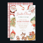 Santa Claus Elves Christmas Kids Birthday Party  Invitation<br><div class="desc">Santa Claus Christmas Holiday Kids Birthday Party Invitation
This kids birthday invitation features Santa Claus and Snowman together with Elves with watercolor Christmas trees and stars and cute Rudolph. Back of this holiday themed birthday invitation is red plead.
Message me for any needed adjustments</div>