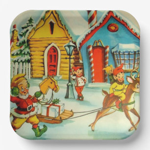 Santa Claus Elves Vintage Christmas North Pole Paper Plates
