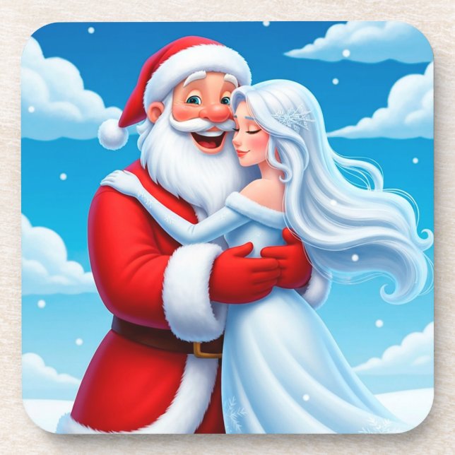 Santa Claus Embracing a Snow Queen Beverage Coaster (Front)