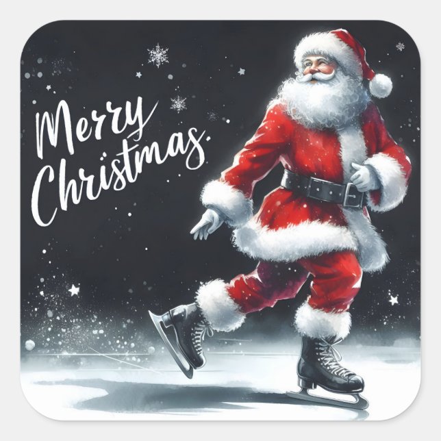 Santa Claus Enjoys Ice Skating on a Winter Day Square Sticker (Front)