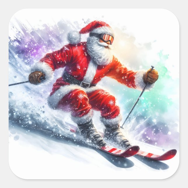 Santa Claus Enjoys Skiing Down a Snowy Mountain Square Sticker (Front)