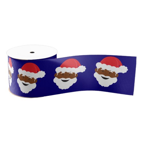 Santa Claus Face Blue Brown Skin Christmas Grosgrain Ribbon