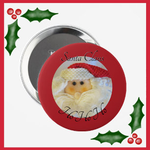 Santa Claus Face Ho Ho Ho with Name Red Christmas Button
