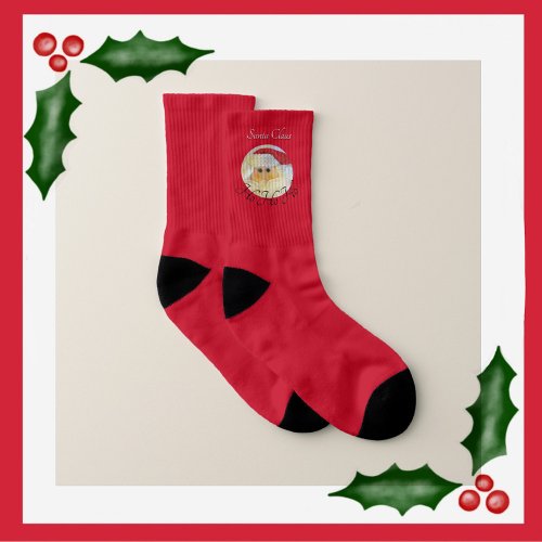 Santa Claus Face Ho Ho Ho with Name Red Christmas Socks