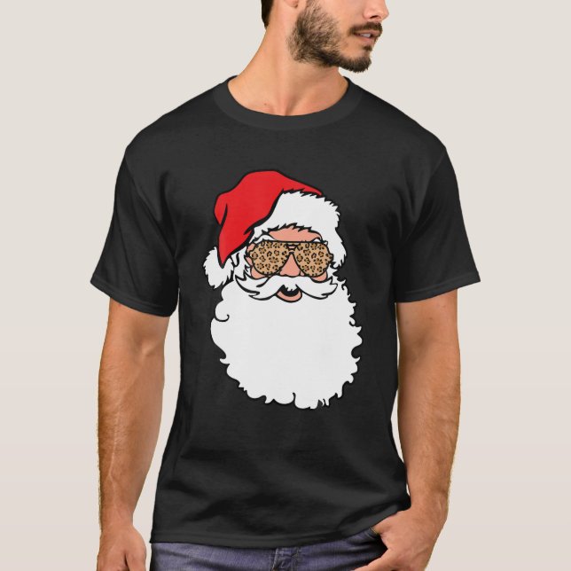 Santa Claus Face Leopard Print Sunglasses T-Shirt (Front)
