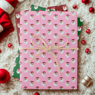 Santa Claus Face Pink Green Red Wrapping Paper Sheets