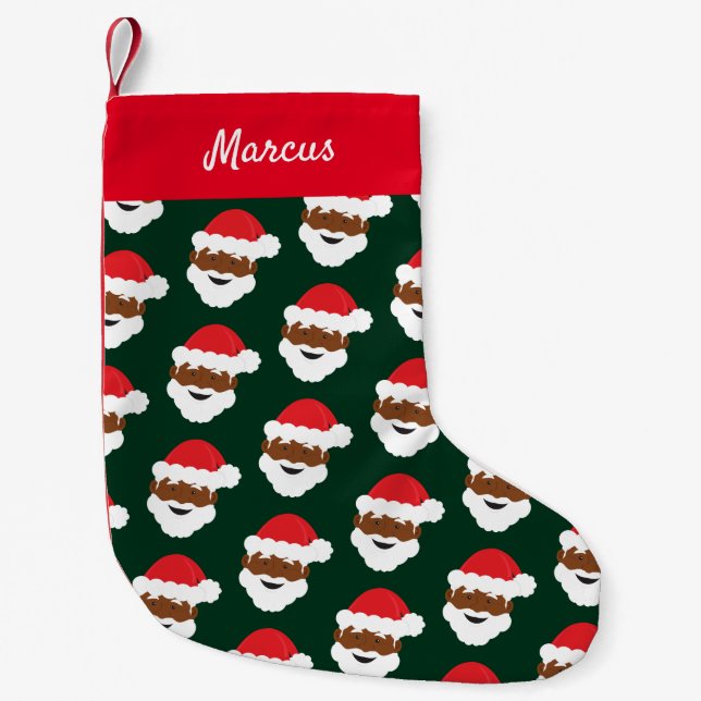 Santa Claus Face Red Green Brown Skin Name Small Christmas Stocking (Front)