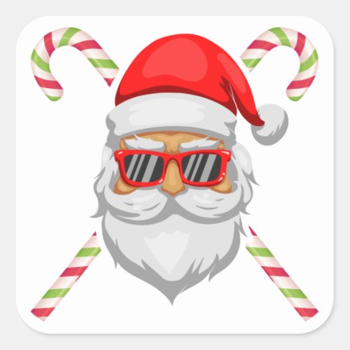 Santa claus face sunglasses sweet cane square sticker