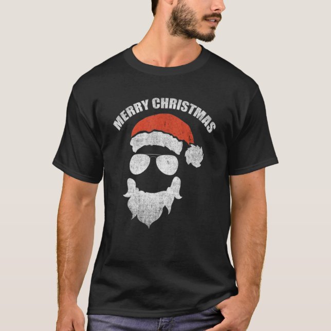 Santa Claus Face Sunglasses with Hat Beard Christm T-Shirt (Front)