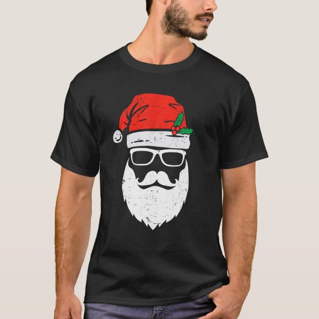 Santa Claus Face Sunglasses with Hat Beard Christm T-Shirt (Front)