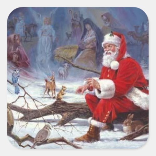 Santa Claus Feeding Squirrel Square Sticker