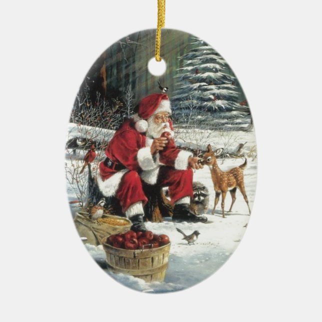 Santa Claus Feeding The Animals Ceramic Ornament (Front)
