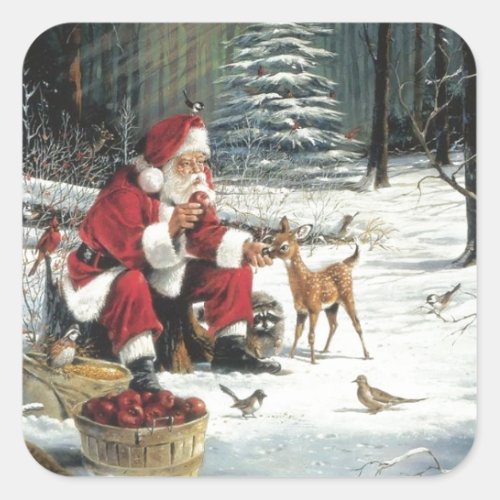 Santa Claus Feeding The Animals Square Sticker