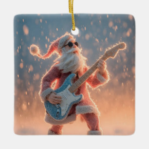 Santa Claus Figure Playing an Electric Guitar Ceramic Ornament