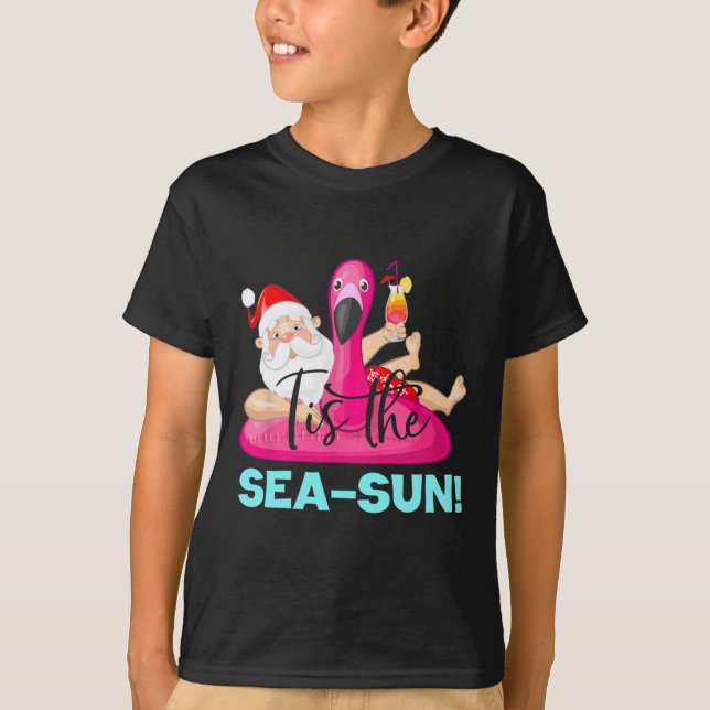 Santa Claus Flamingo Float Tis The Sea-sun Christm T-Shirt (Front)