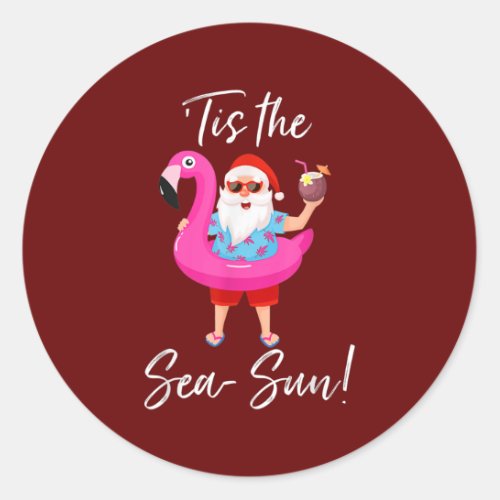 Santa Claus Flamingo Float Tis The Sea Sun Classic Round Sticker