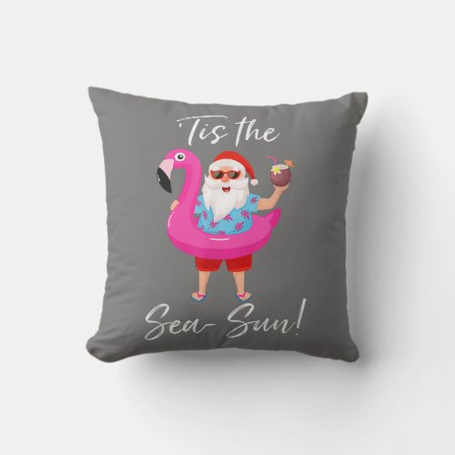 Santa Claus Flamingo Float Tis The Sea Sun Throw Pillow