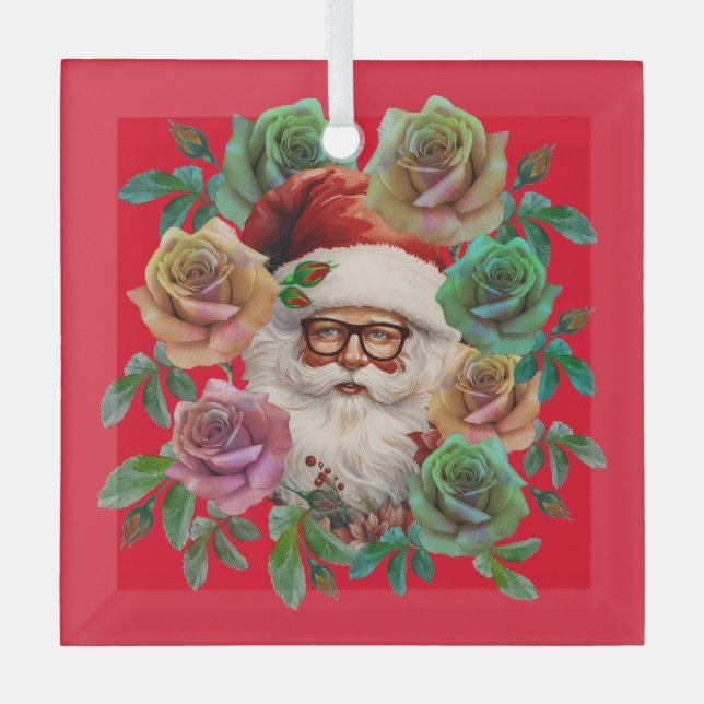 SANTA CLAUS FLORAL CHRISTMAS GIFT GLASS ORNAMENT (Front)