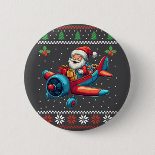 Santa Claus Flying Airplane Ugly Christmas Sweater Button
