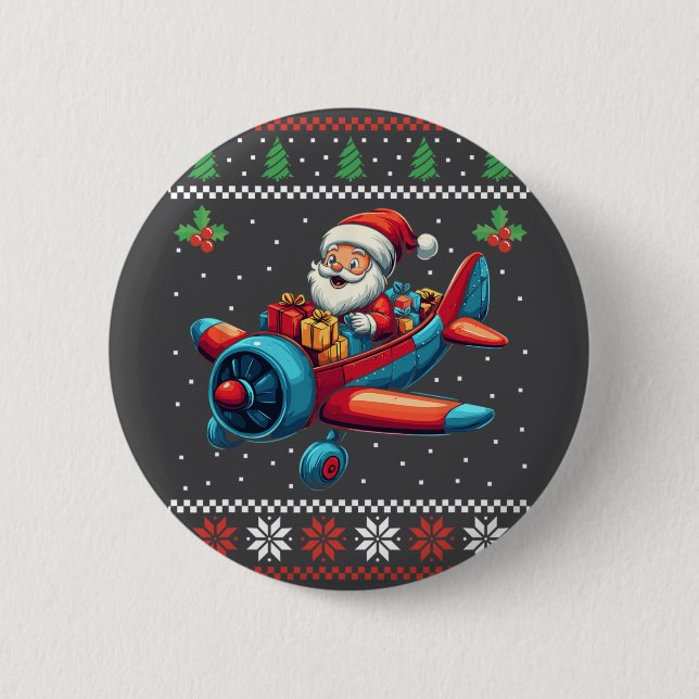 Santa Claus Flying Airplane Ugly Christmas Sweater Button (Front)